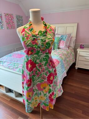 Lilly Pulitzer Pink Green Yellow Floral Backless Halter Dress